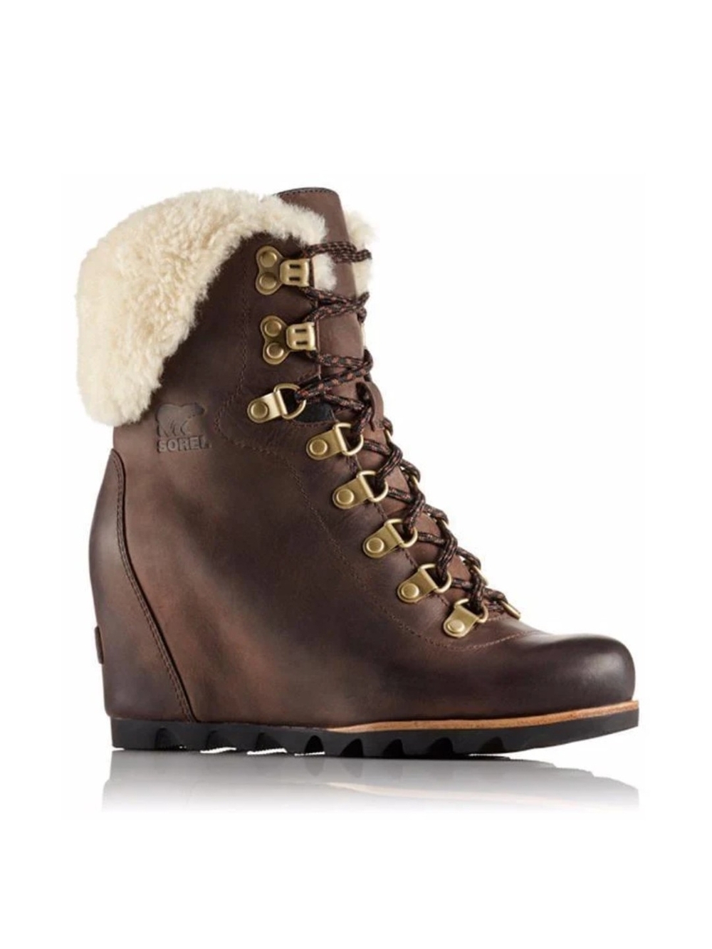 SOREL Women's Brown Leather Wedge Shearling Lace-Up Boot